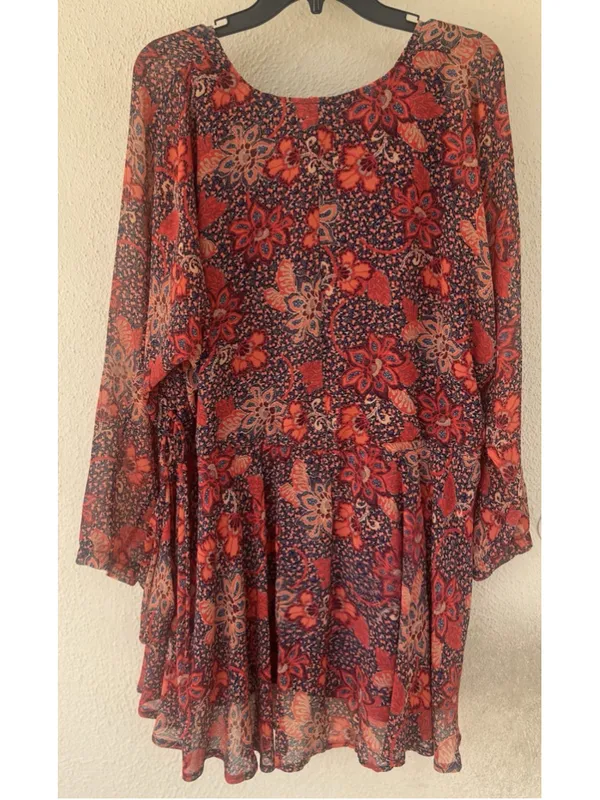 Free People Teegan Mini Dress M Peach Combo Floral V Neck Boho Western Festival - Image 4