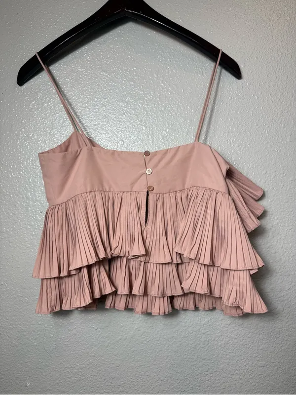 Zara XS Blush Pink Pleated Layered Ruffle‎ Asymmetrical Cami Crop romantic Top - Image 6