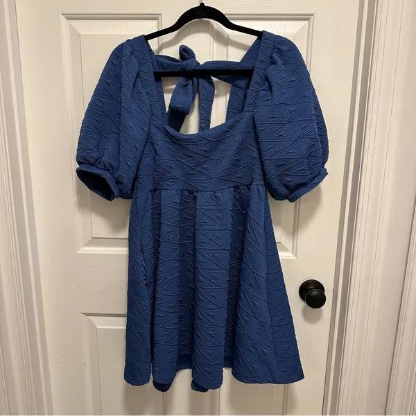 Free People cut out back mini dress blue back tie puff sleeve babydoll dress - Image 3