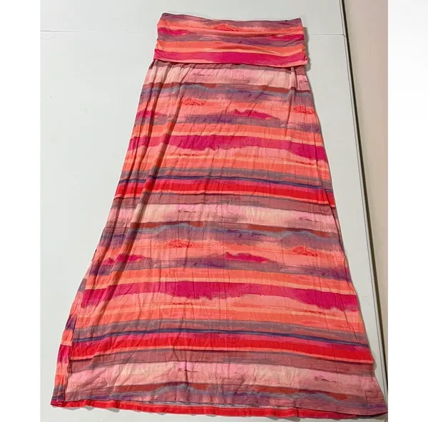 Pink Coral Orange Striped Y2K Fold Over Maxi Skirt Bottoms Size S 🍊✨ - Image 2
