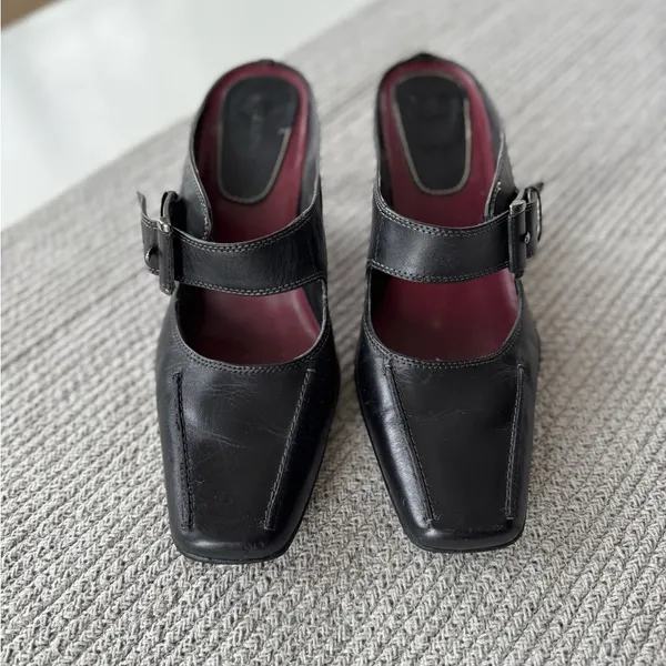 Vintage Merona Black Leather Silver Buckle Square Toe Maryjane Block Heels Shoes - Image 3