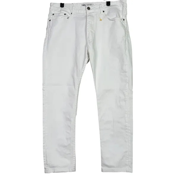 Zara Straight Leg High Rise Stretch Casual Ankle Cropped Denim Jean Zip 36 White - Image 2
