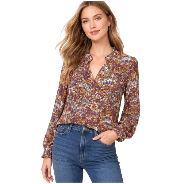 Maeve Geometric Ruffle Cinched Button Collar Blouse Top Balloon Sleeve Size S - Image 2