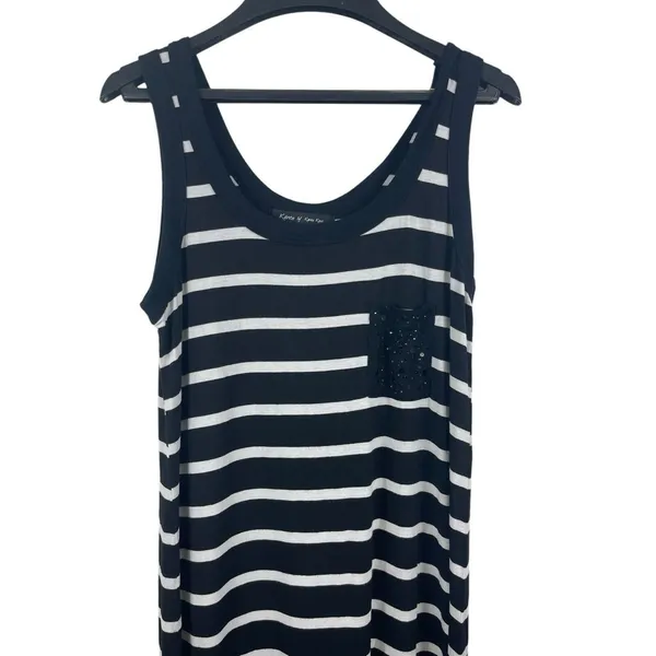 Karen By Karen Kane Black White Stripe Sleeveless Sequin Pocket Maxi Dress S - Image 2