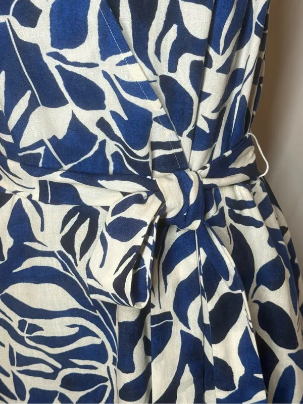 Emma & Michelle Linen-Look Blue White Abstract Botanical Leaf Print Dress L EUC - Image 3