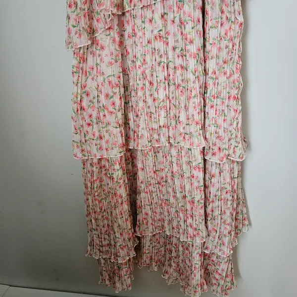 Something Navy Dress Floral Pleated Tiered Cream Multi Maxi Midi Garden Party - Image 9