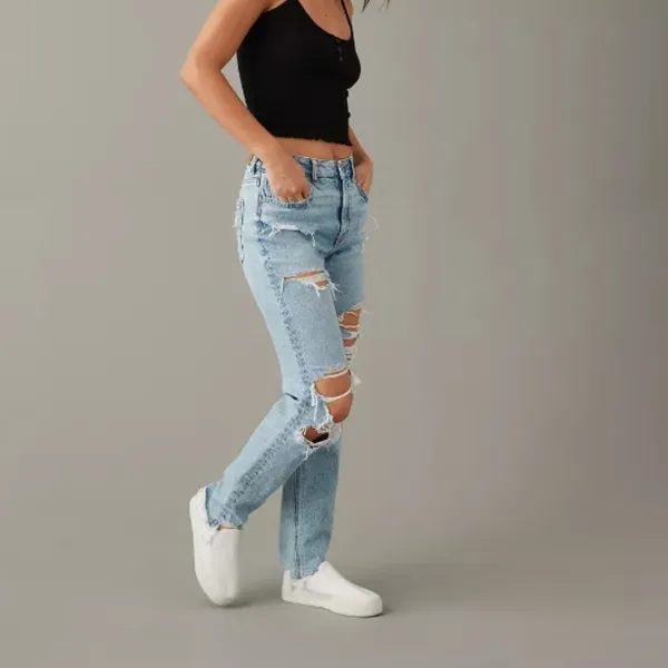 American Eagle Mom Jeans Medium Wash Ripped Straight Leg Jeans Size 4 Short - Image 2