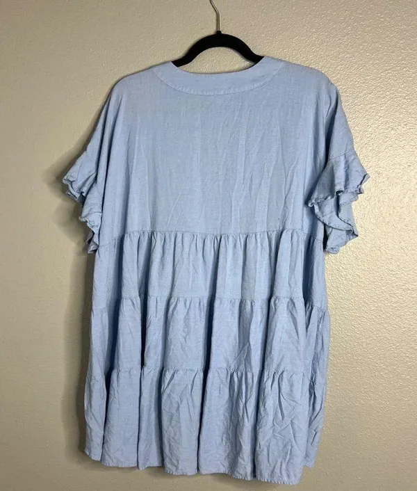 Cato Flowy Tiered Flutter Sleeve Top Light Blue V-Neck Longline Linen Blend XL - Image 6