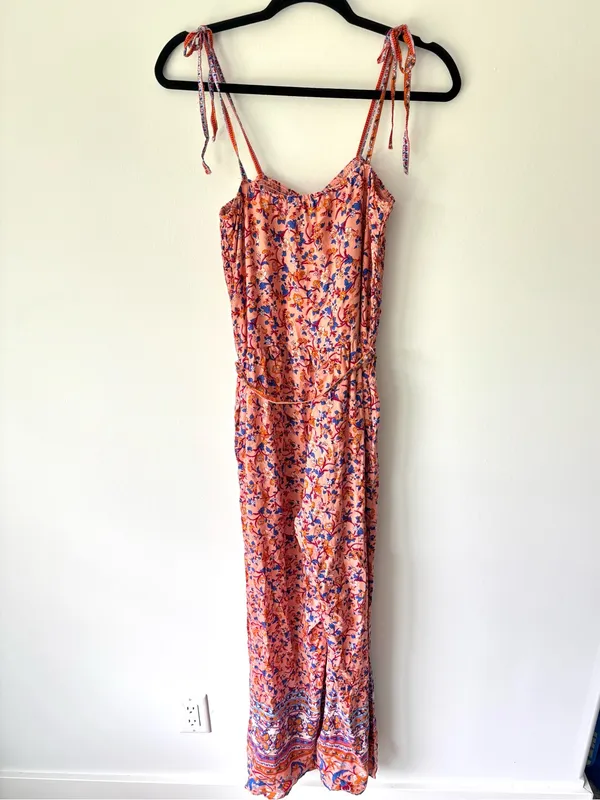 Umgee Peach Floral Boho Jumpsuit Tie Straps Beach Vacation Colorful Hippie - Image 10