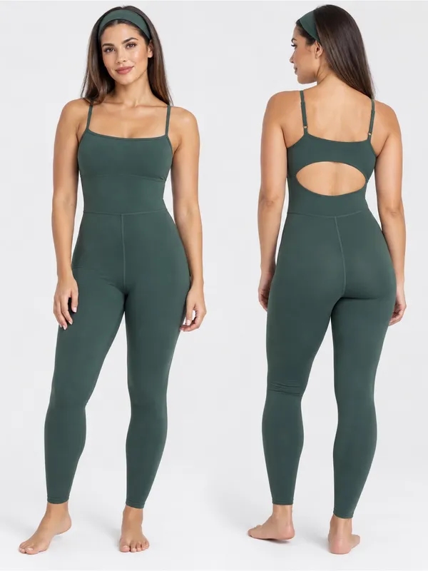 All in Motion M Green Open Back Active Jumpsuit Unitard Square Neck Workout - Image 2