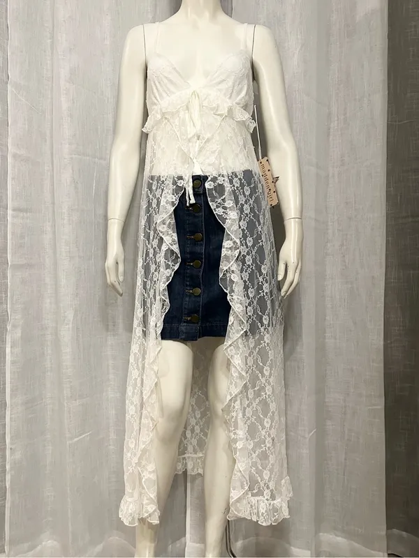 Madden Girl White Lace Ruffle Tie-Front Maxi Top Duster Small Boho Coquette - Image 5