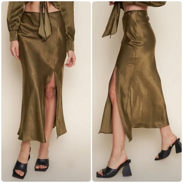 Whimsy + Row Womens Earthy Silky Hunter Green Satin Slit Midi Charlie Skirt L - Image 2