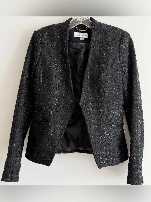 Calvin Klein Metallic Bouclé Tweed Open Front Blazer Black 2 - Image 5