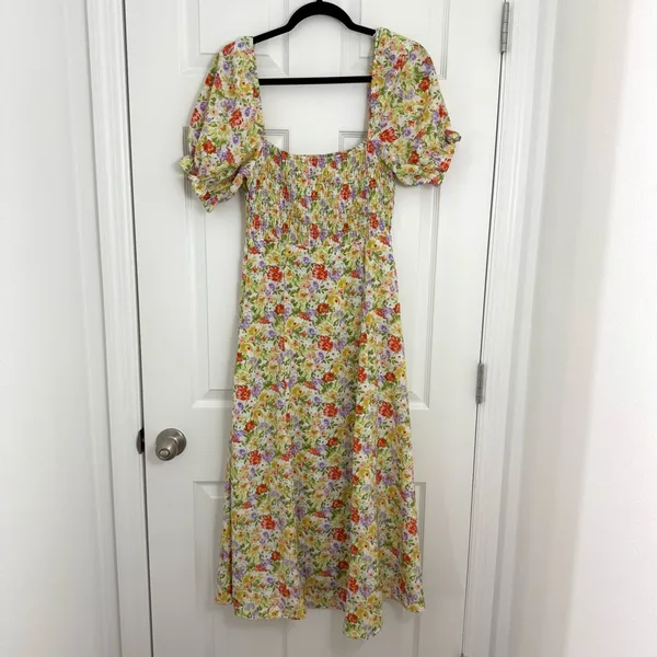 ASTR Floral Puff Sleeve Smocked Midi Dress Cottagecore Square Neck Wedding Guest - Image 4
