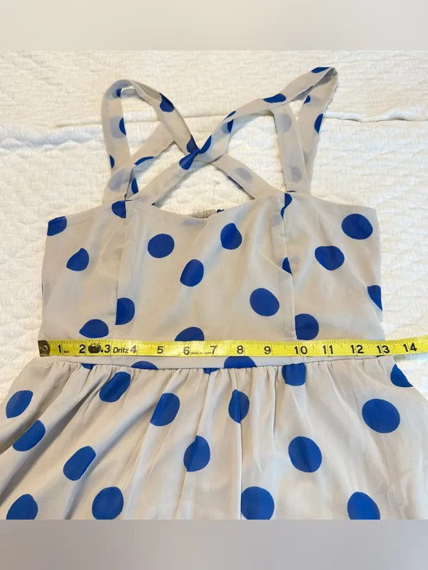 Lottie & Holly Polka Dot Fit & Flare Dress Size 8 Beige Blue Criss Cross Straps - Image 11