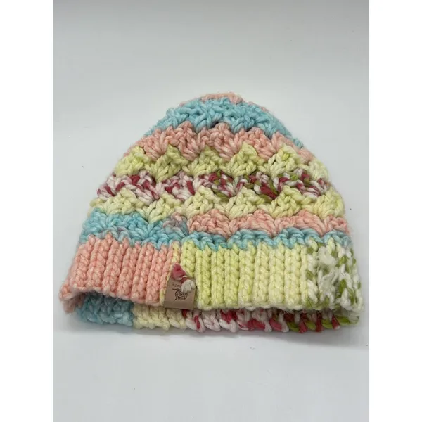 Handmade Knit Hat Beanie Womens One Size Multicolor Pom Bobble Chevron Winter - Image 5