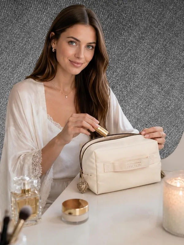 Dolce & Gabbana Devotion Cream Cosmetic Pouch With Gold Heart Charm - Image 3