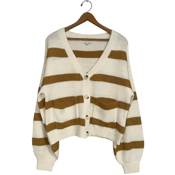 Anthropologie Moon River Cream Brown‎ Stripe Cardigan Sweater Women's Size L - Image 3