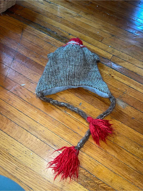 Kids Red Pom-Pom Sock Monkey Earflap Hat - Image 2