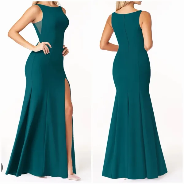 Azazie A2 Teal Mermaid Bridesmaid Dress Floor Length Slit Mesh Formal Gown - Image 2
