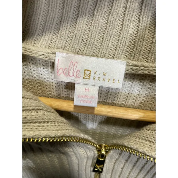 Belle by Kim Gravel Sweater Womens M Tan Striped Quarter Zip Knit Pullover - Image 3