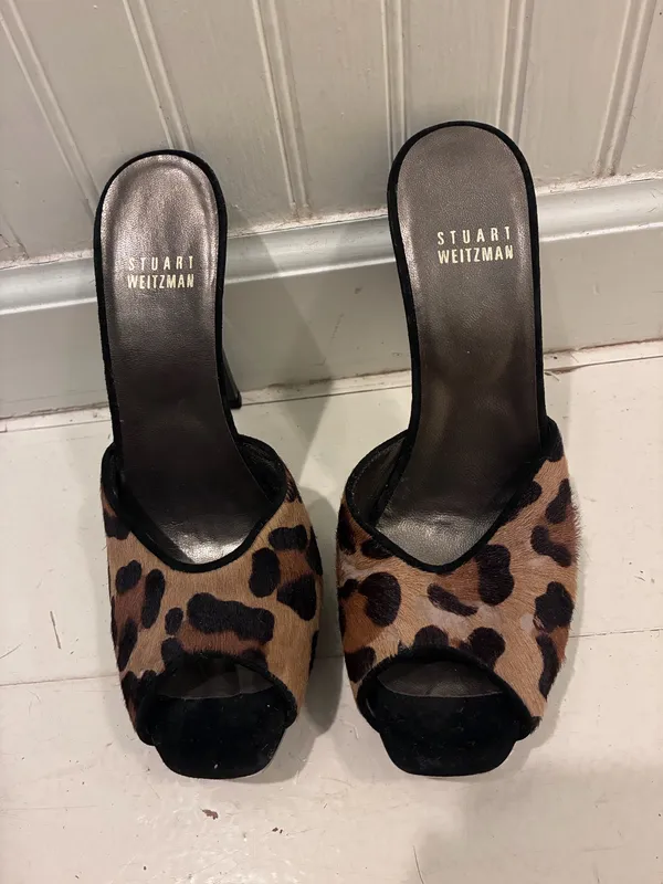 Vintage Stuart Weitzman Leopard Print Haircalf Peep-Toe Mule Heels - Image 2