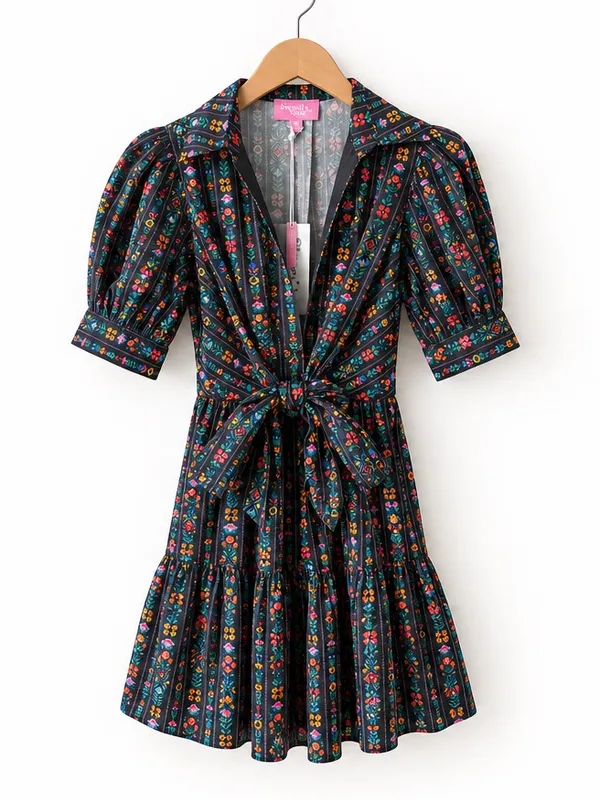 Sincerely Ours Fall Floral Plunge V Neck Puff Sleeve Belted Bow Mini Dress NWT - Image 2