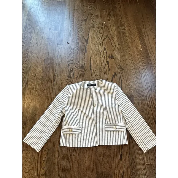NWOT Zara Navy Striped 3/4 Sleeve Cropped Blazer Jacket Size Large 2504 - Image 2