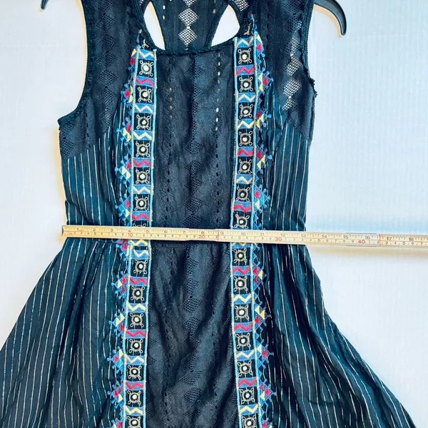 Free People Water Lilly RARE black metallic pinstripe crotchet lace mini dress - Image 11