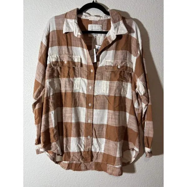 American Eagle NWT Women's Size L Brown White Plaid Oversized Flannel Shirt - Image 2