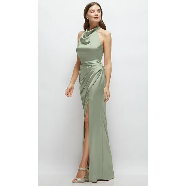 Lovely Noor Cowl Halter Open-Back Satin Maxi Dres‎ In Sage Size XS - Image 9