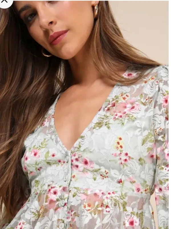 Lulu's Mint Floral Lace Peplum mesh Blouse with Pink Accents - Image 2