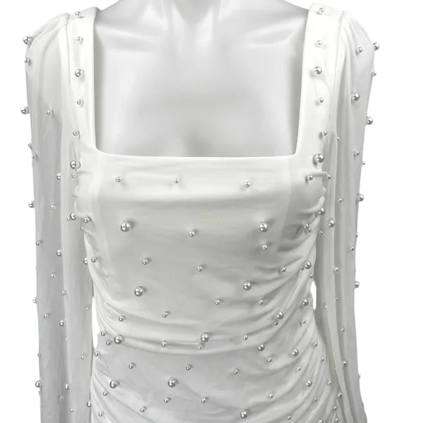 Lulus Admirably Divine White Mesh Pearl Beaded Long Sleeve Mini Bodycon Dress S - Image 4