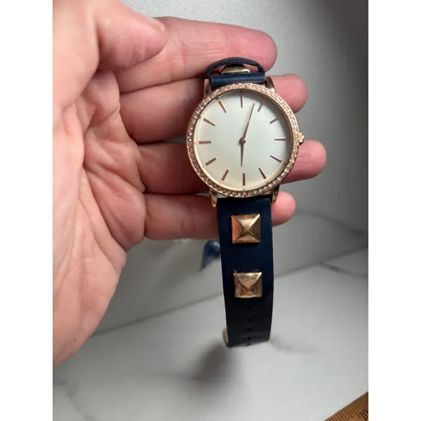 Womens Rose Gold Crystal Bezel Watch Navy Blue Studded Strap Fashion‎ Timepiece - Image 3