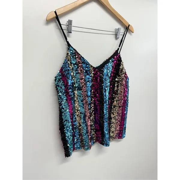 Francesca’s Sequin‎ Cami Top Multicolor Medium V Neck NEW Blue - Image 3