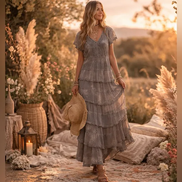 Sundance Sz 10 Women Maxi Dress Lace Tiered Linen Embroidered Whimsy Fairy Boho - Image 4