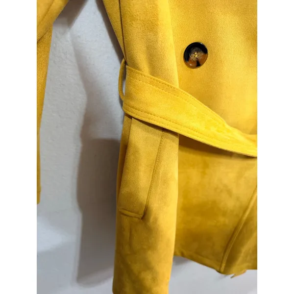 Marc New York Trench Coat Faux Suede Belted Double Breasted M Mustard Yellow - Image 7
