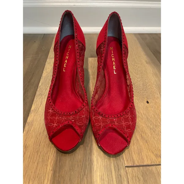 Michael Peep Toe Heels Red Mesh & Sequin Detail Size 8 Leather Sole 3 Inch Heel - Image 7