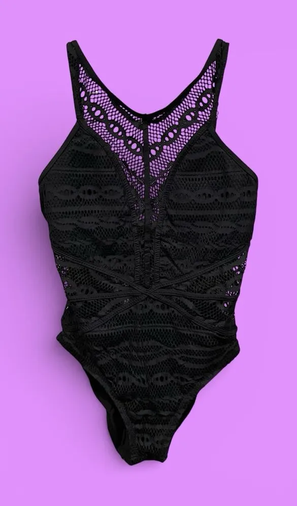 Sexy black lace overlay Becca tie back fairy whimsigoth swim suit beach pool - Image 2