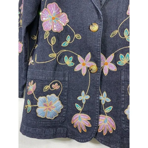 Vtg Maggie Sweet‎ Jean Blazer Jacket Women M Black Floral Embroidered Sequin Art - Image 3