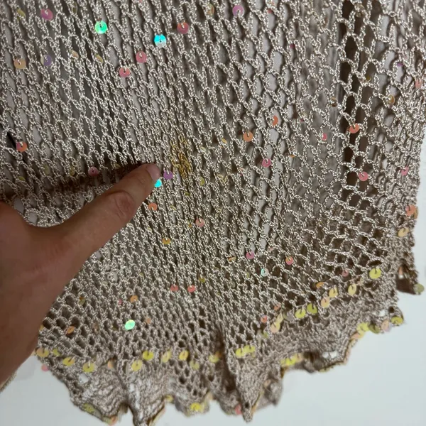 R & M Richards Y2K Beige Crochet Knit Fairycore Long Sleeve Top with Sequins Size L Festival - Image 3