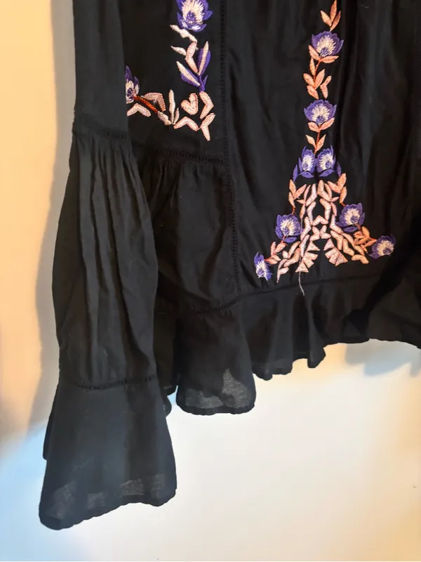 Free People Black Pavlo Embroidered Cottagecore Boho Mini Babydoll Dress - Image 8