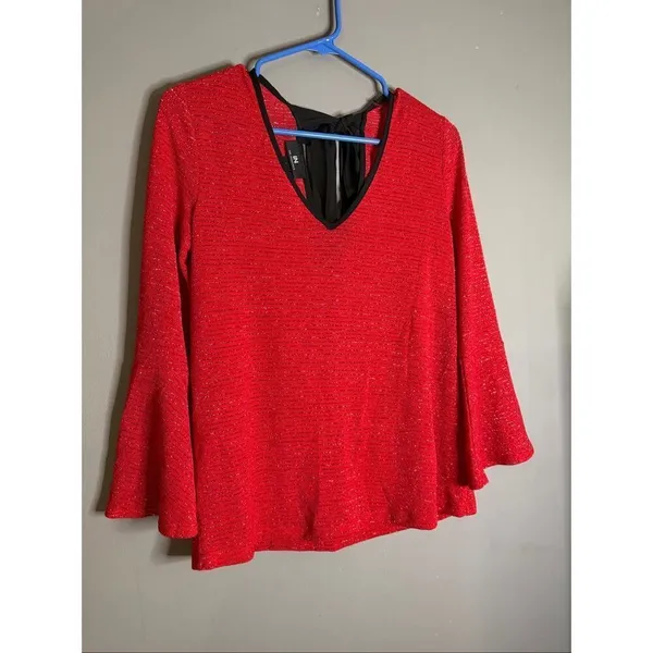 I.N. San Francisco Long Sleeve Bell Sleeve V Neck Bow Back Shirt Size L - Image 2