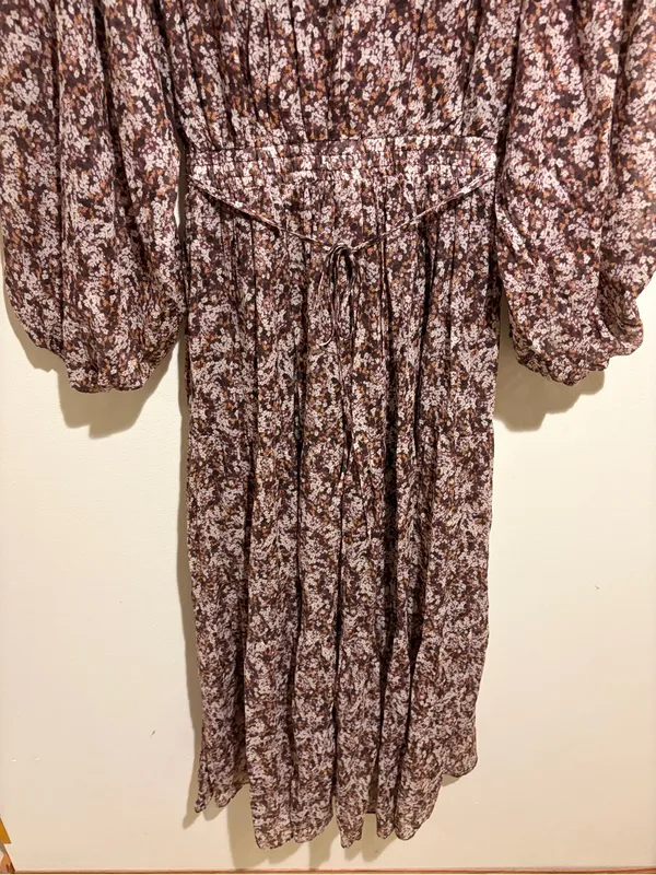 Shona Joy Grace Pin Tuck Tiered Midi Dress Brown Floral Cottagecore Prairie 2 - Image 14