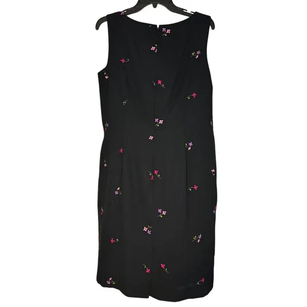 Talbots Black Sleeveless Sheath Dress with Pink Floral Embroidery Size 14 - Image 2