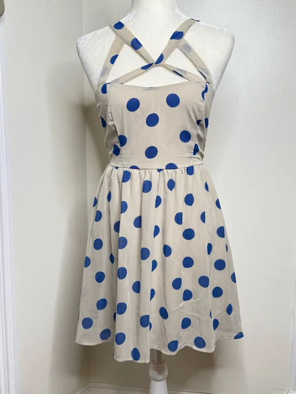 Lottie & Holly Polka Dot Fit & Flare Dress Size 8 Beige Blue Criss Cross Straps - Image 3