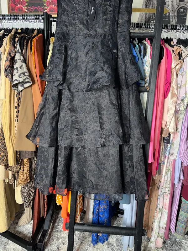 Lulus Black Burnout Jacquard Tie Strap Bustier Midi Dress Large New NWT - Image 8