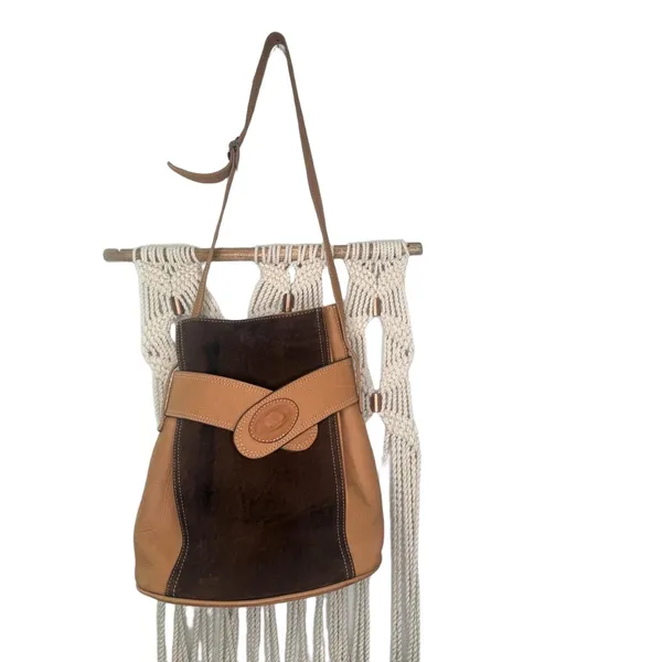 Vtg Leather Bucket Bag Dual Toned Brown Camel Handcrafted Luxurious Vintage - Image 3