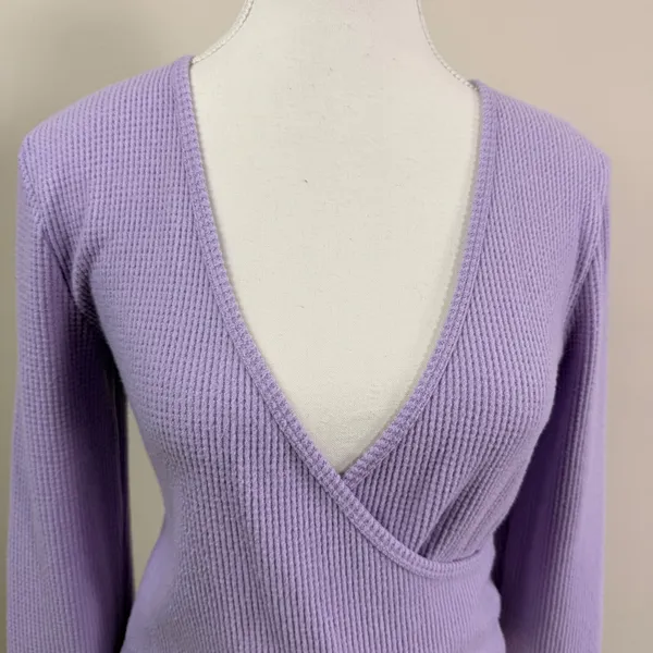 Aerie Lavender Purple Waffle Knit Faux Wrap Long Sleeve Top V-Neck Medium - Image 4