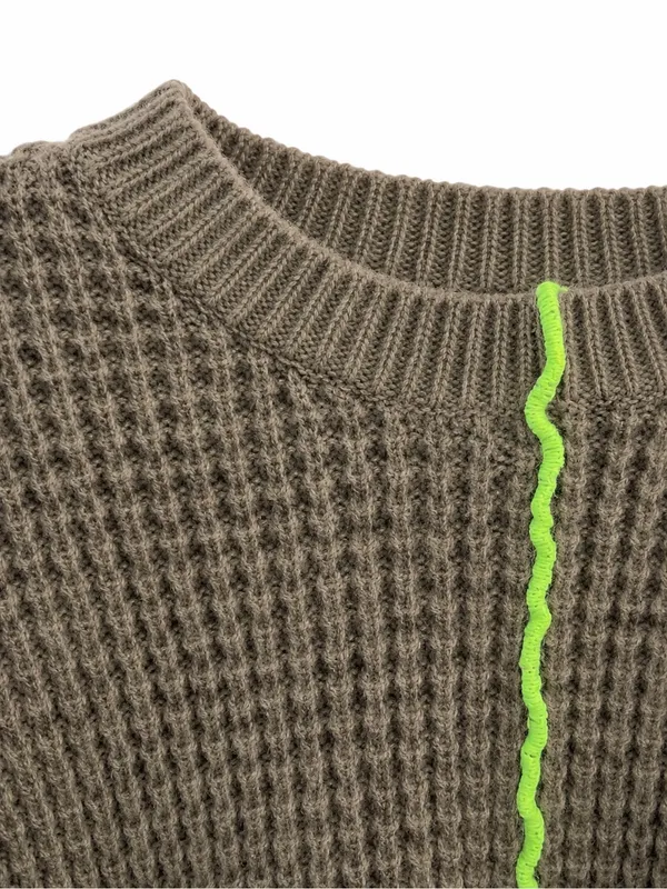 New IN Women’s Waffle Knit Sweater Medium Brown Neon Contrast Stitch - Image 7